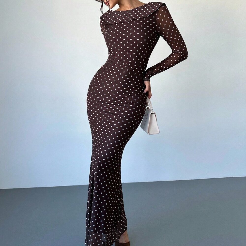 Coffee Brown Polka Dot Elegant Women's Maxi Dress